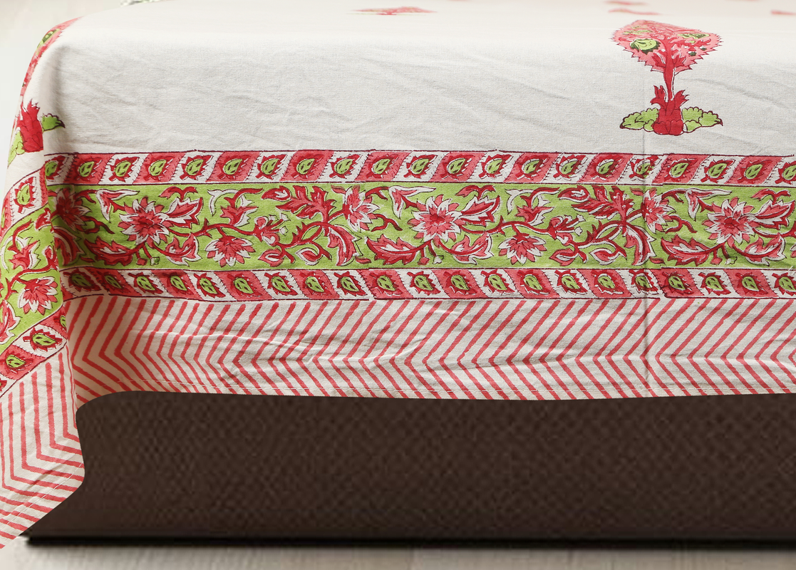 Hand Block Printed Cotton Bedsheet with 2 Pillow Cover - Red Palm Long