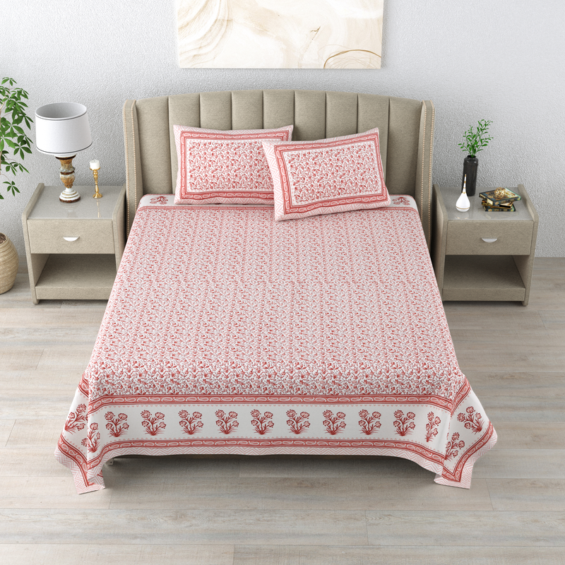 Decama 300 TC Premium 100% Cotton King Size Bedsheet with 2 Pillow covers- 90 x 108 Inches - Floral Peach